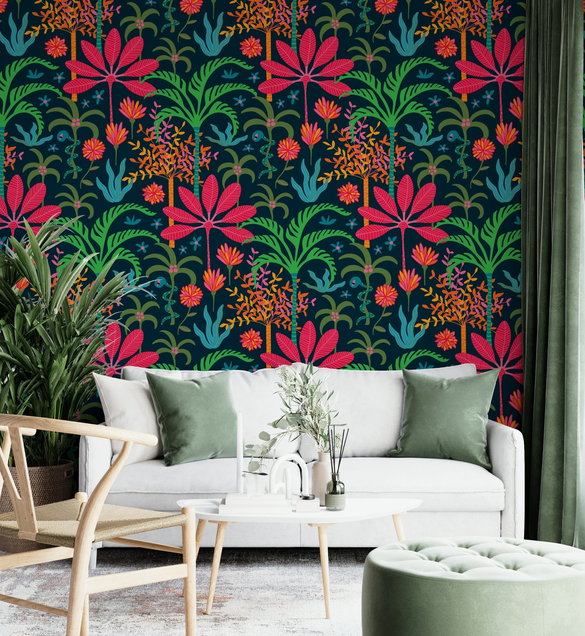 The room's lighting highlights the vibrant feel of the mural.

