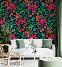 The room's lighting highlights the vibrant feel of the mural.

