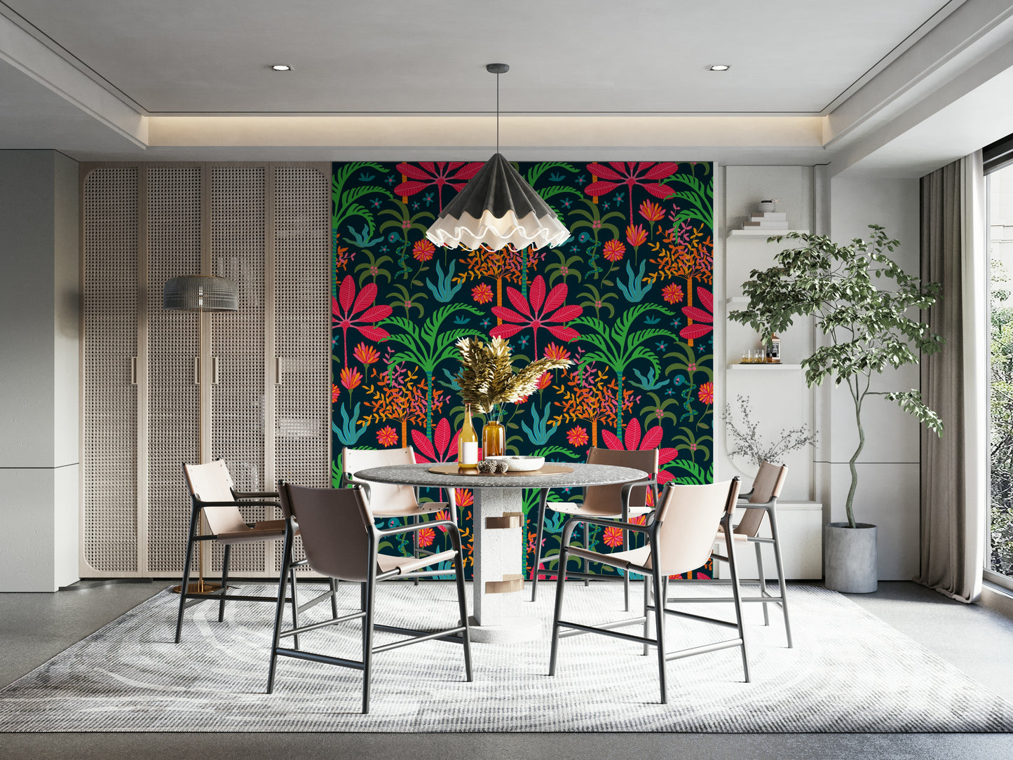 The image shows a full wall with a pattern of large palm leaves and flowers.

