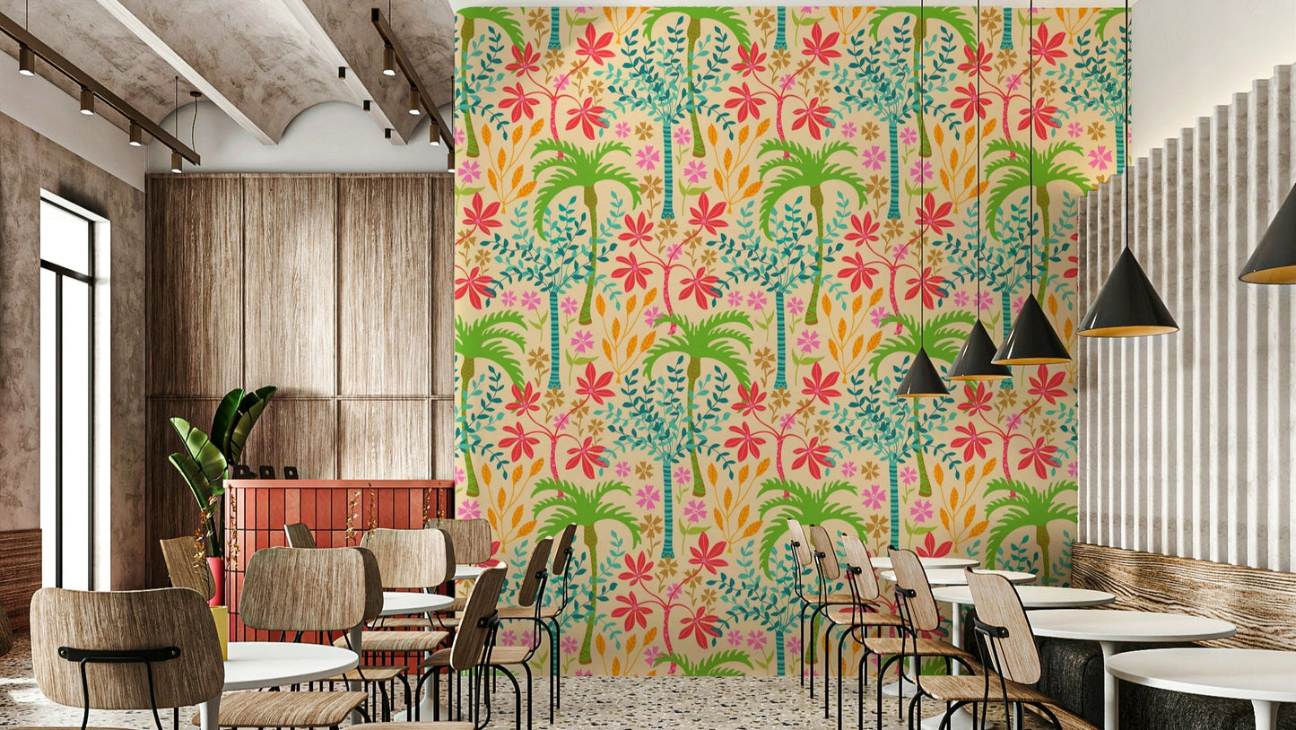 The image shows a full wall with a pattern of large palm leaves, flowers, and plants.

