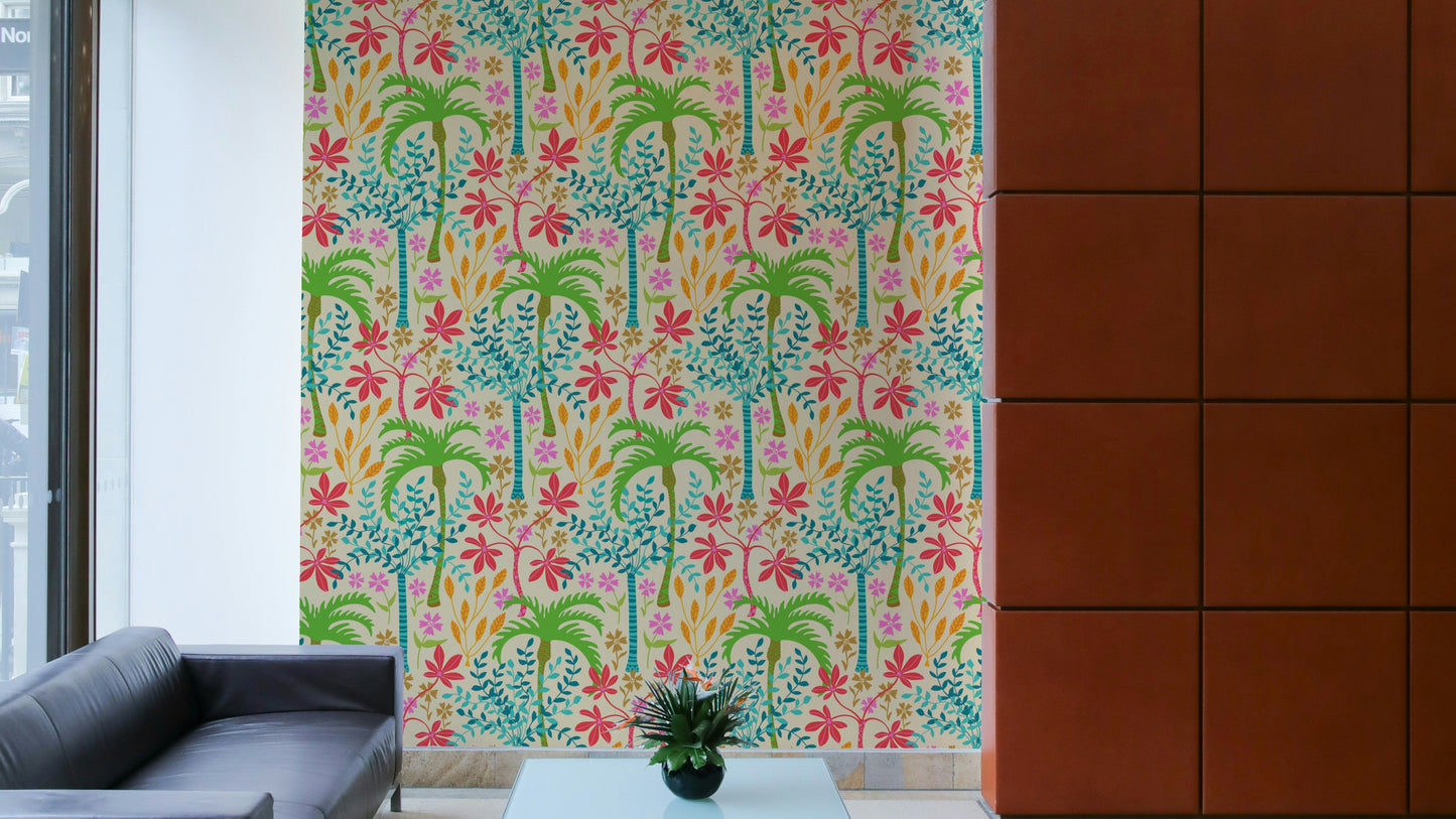 A wall mural featuring a bold, tropical floral and botanical pattern.

