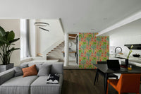 The colors are bright and vibrant, including rich greens, reds, pinks, and blues.

