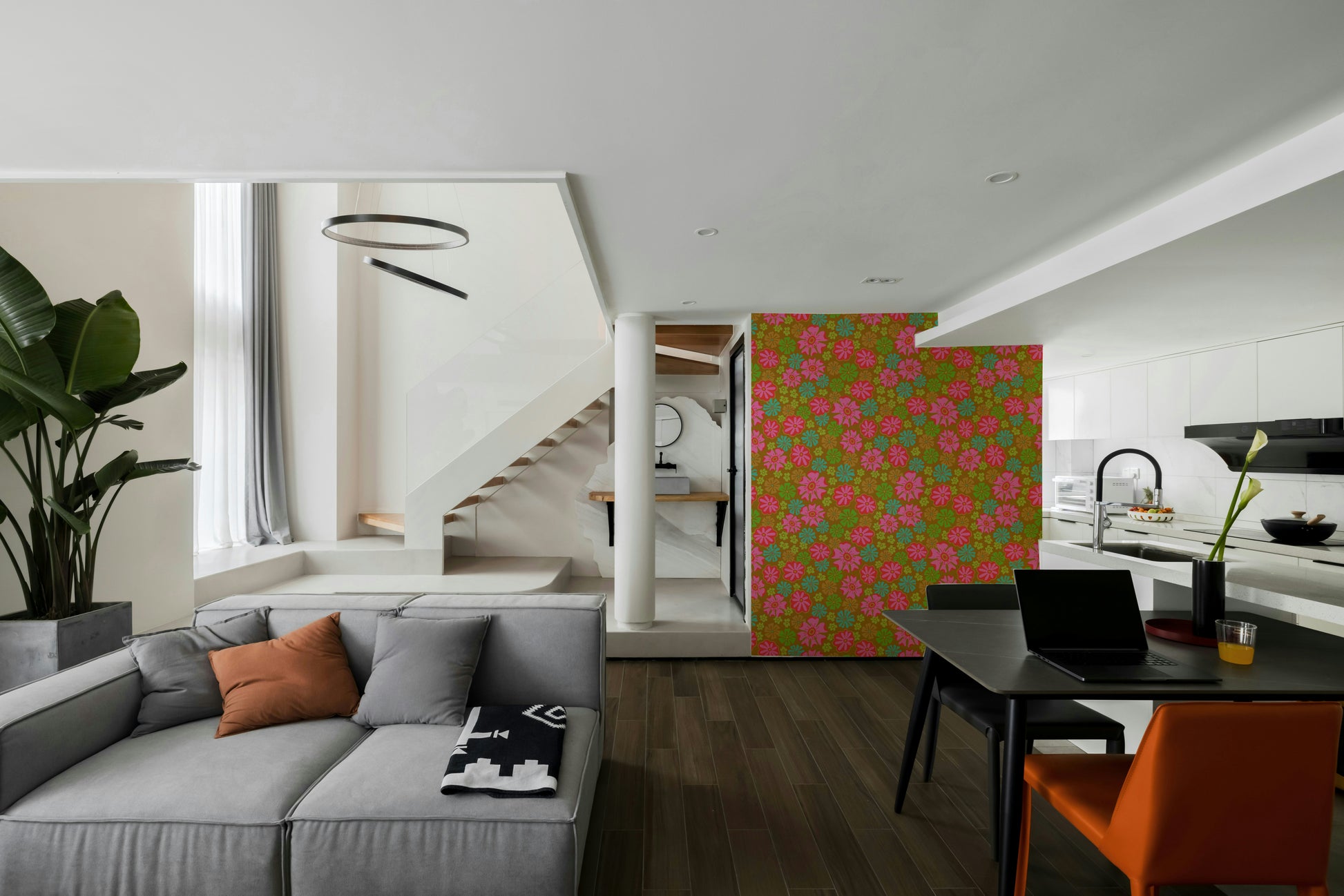 The mural extends across the entire wall, creating a dynamic backdrop.

