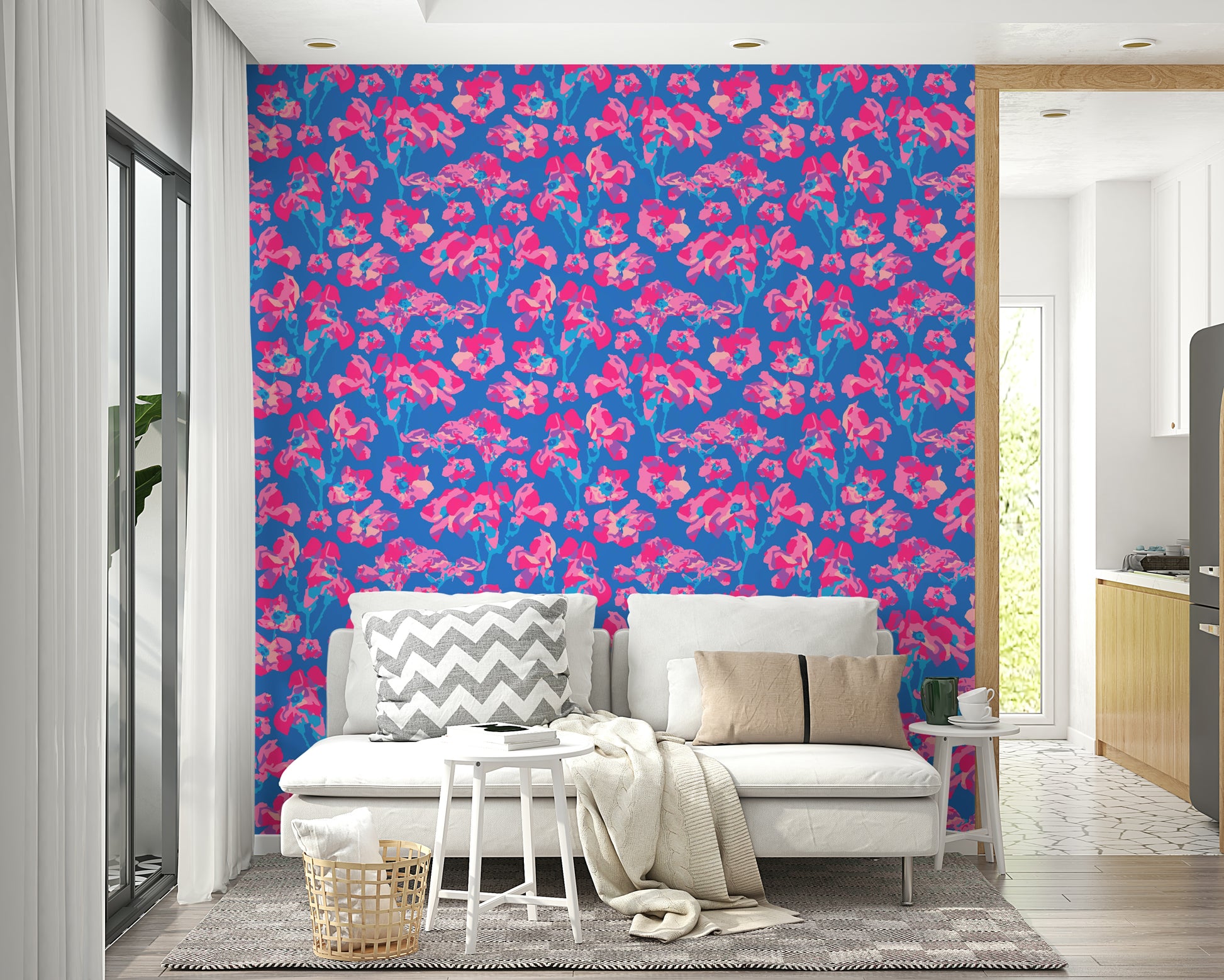 The colors are bright and vibrant, including fuchsia, pink, and shades of blue.

