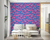 The colors are bright and vibrant, including fuchsia, pink, and shades of blue.

