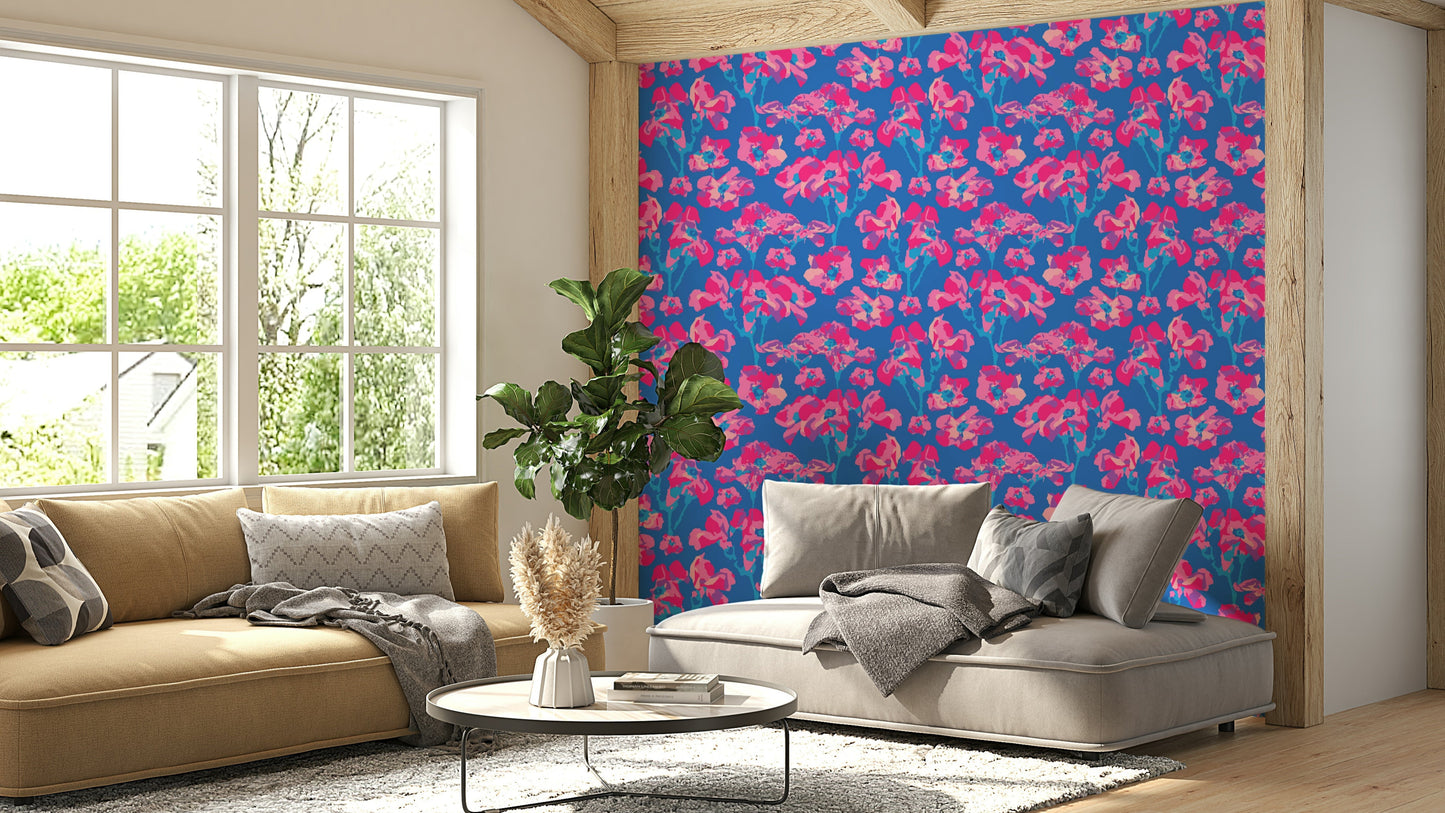 The room's lighting highlights the vibrant feel of the mural.

