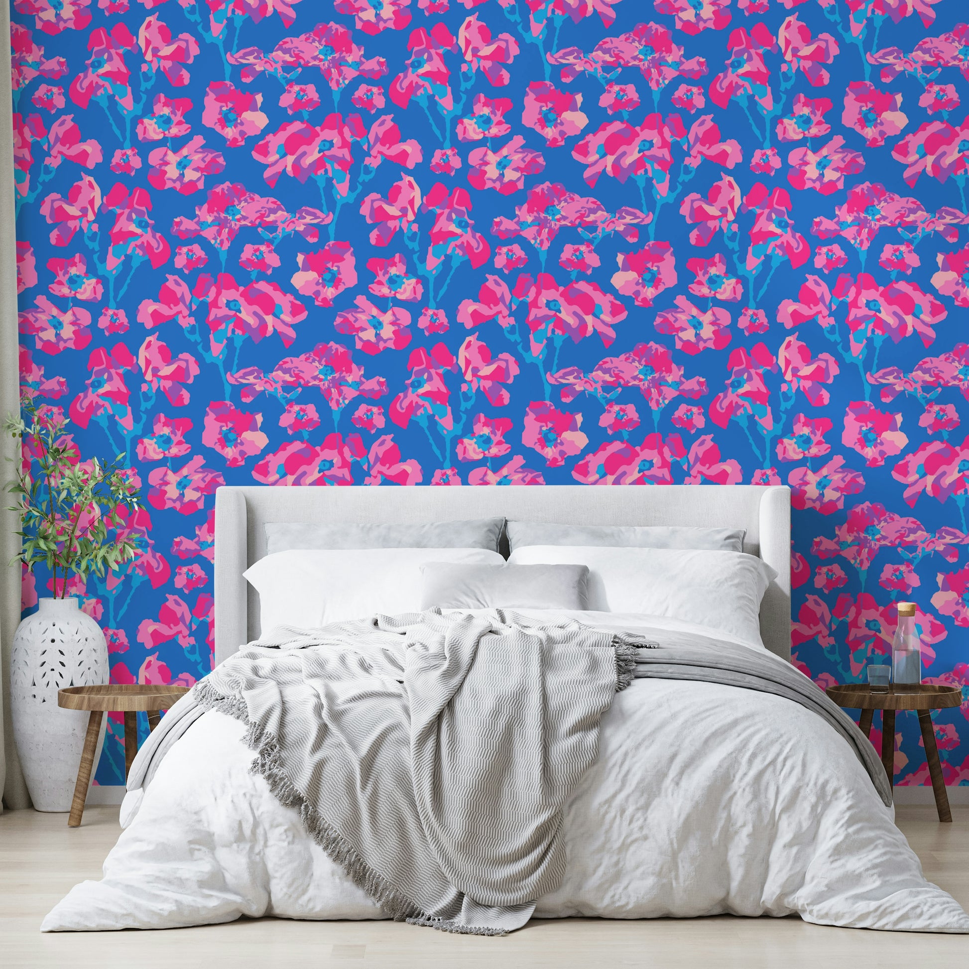 A wall mural featuring a bold, abstract floral pattern.

