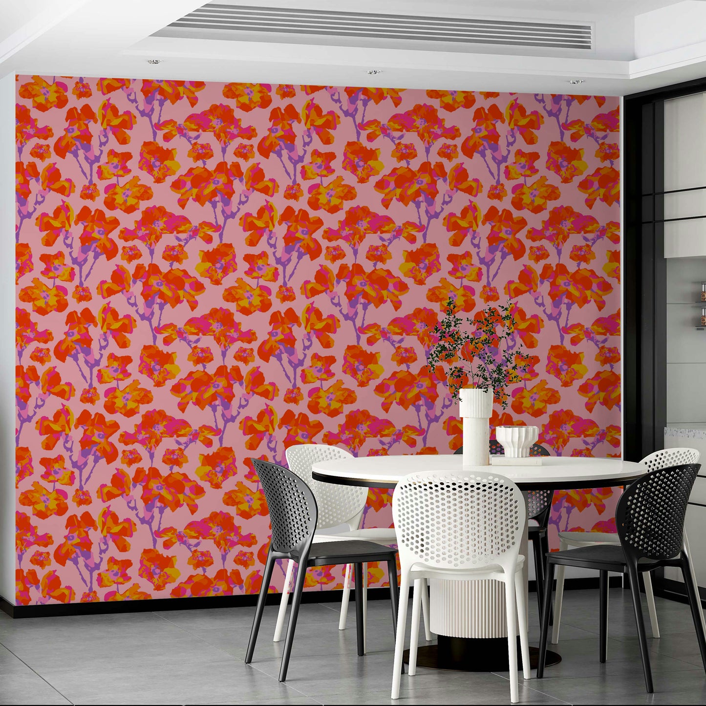 A wall mural featuring a bold, abstract floral pattern.

