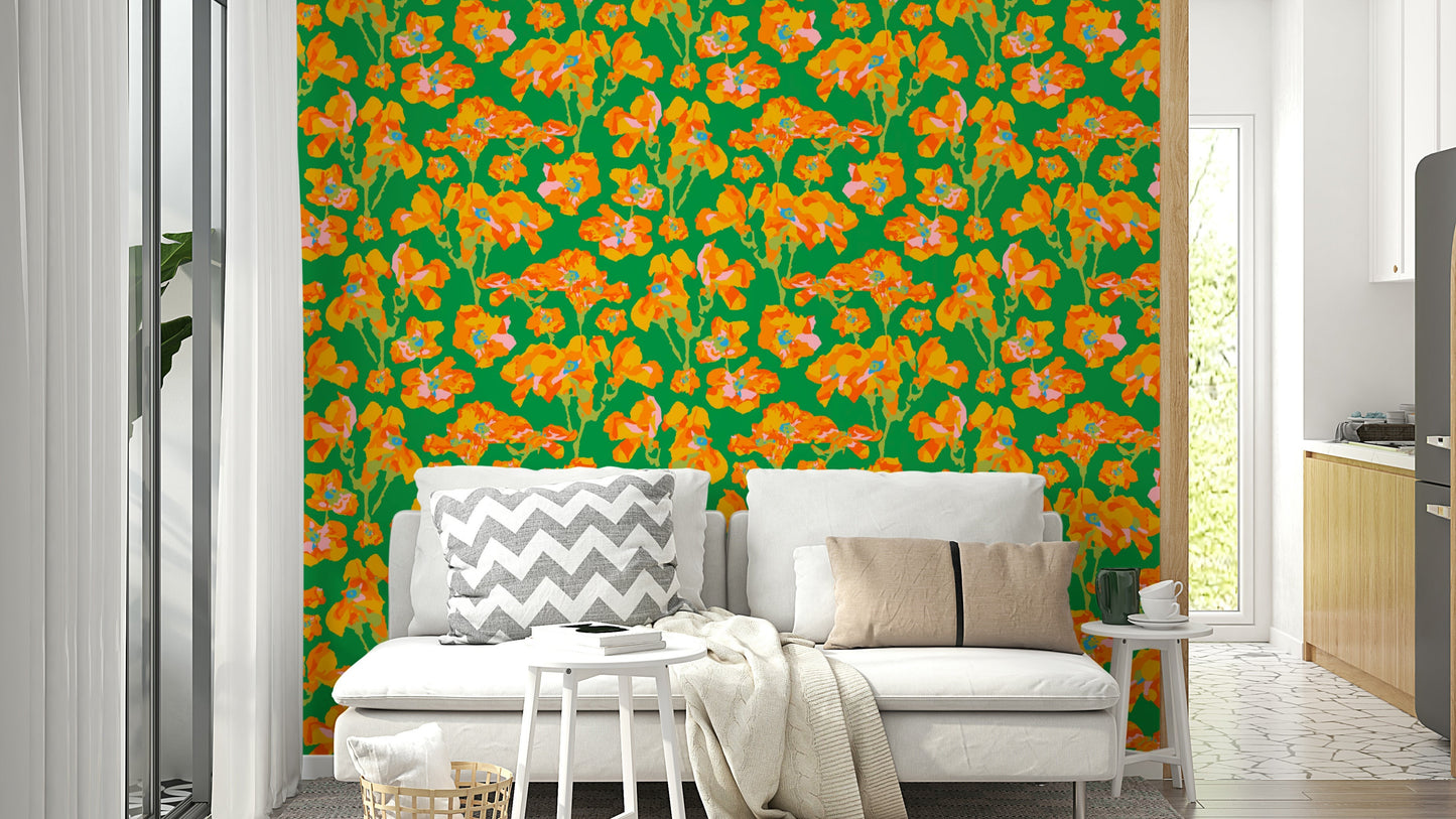 A wall mural featuring a bold, abstract floral pattern.

