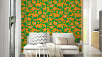 A wall mural featuring a bold, abstract floral pattern.


