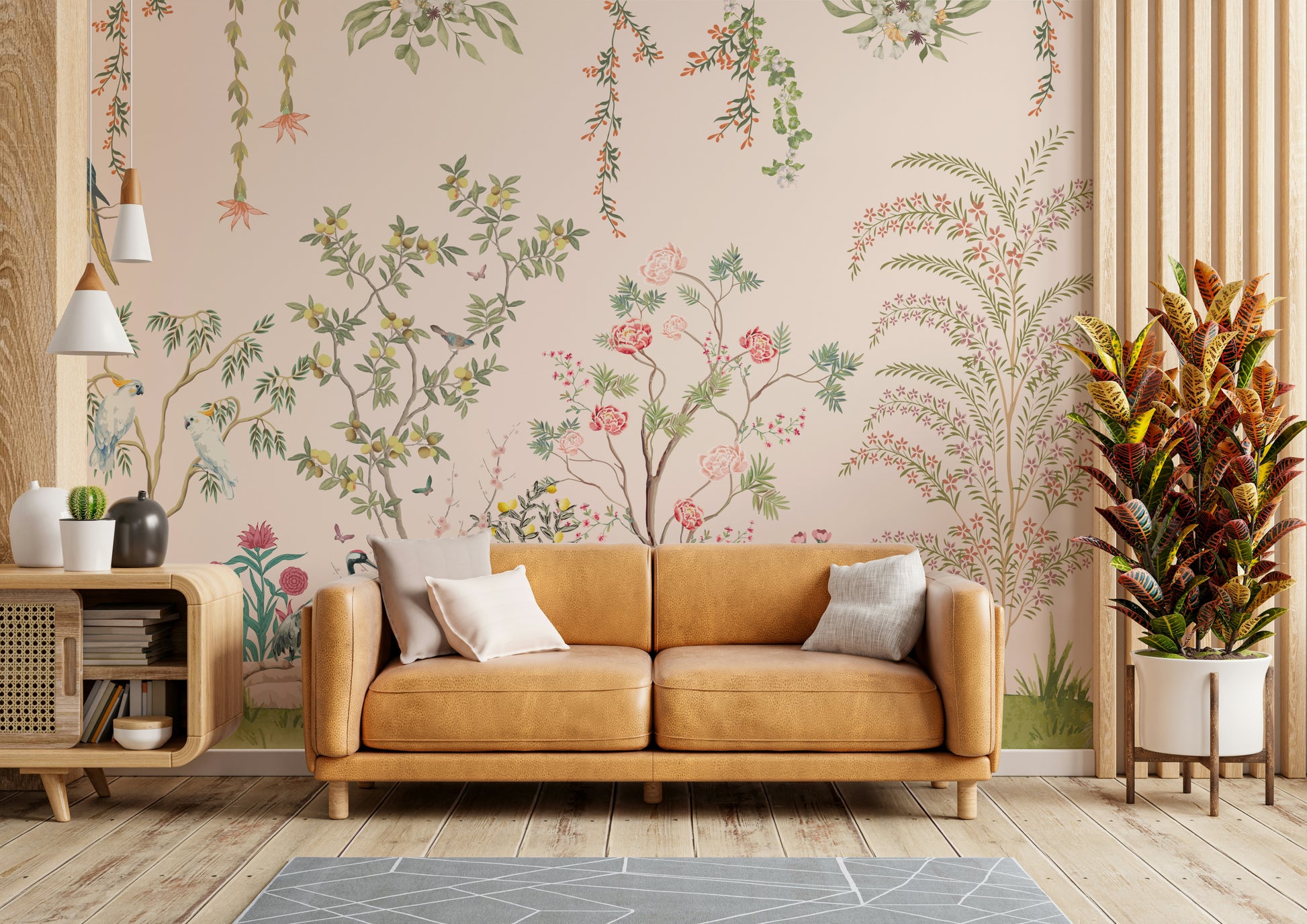 The colors are soft, muted tones of pink, red, white, gold, blue, and green.

