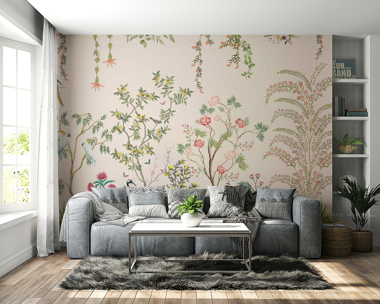 A wall mural of a peaceful Chinoiserie floral pattern.

