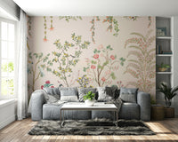A wall mural of a peaceful Chinoiserie floral pattern.

