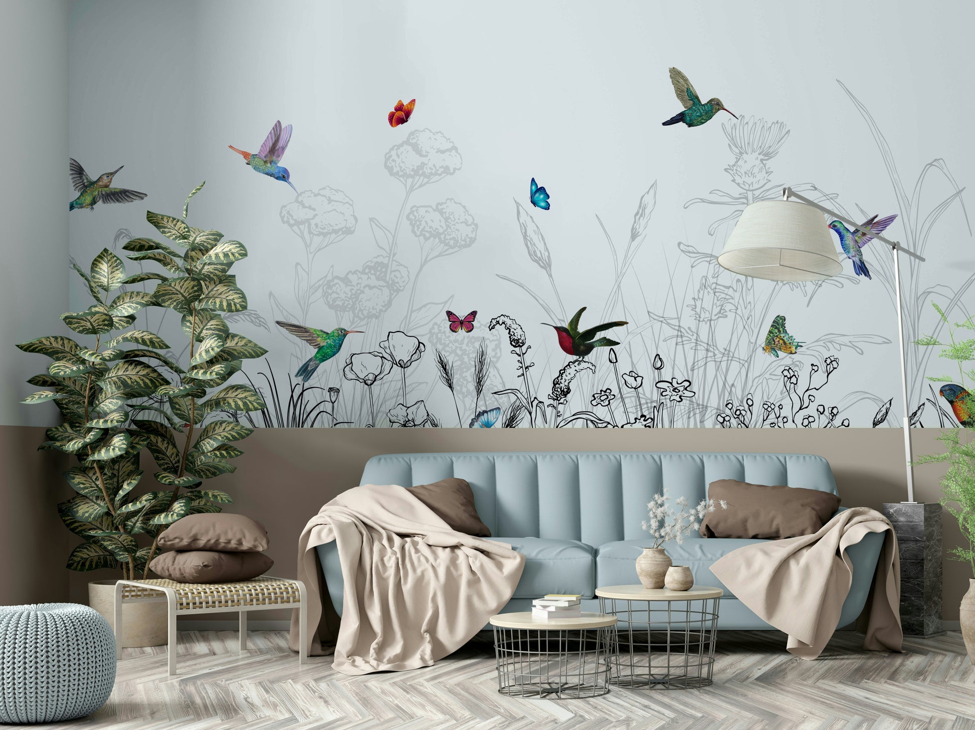 A wall mural of a peaceful hummingbird and flora pattern.

