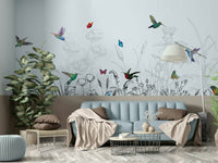 A wall mural of a peaceful hummingbird and flora pattern.

