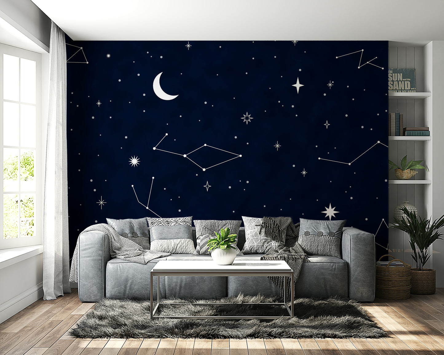 The image shows an artistic impression of a serene starry night scene.

