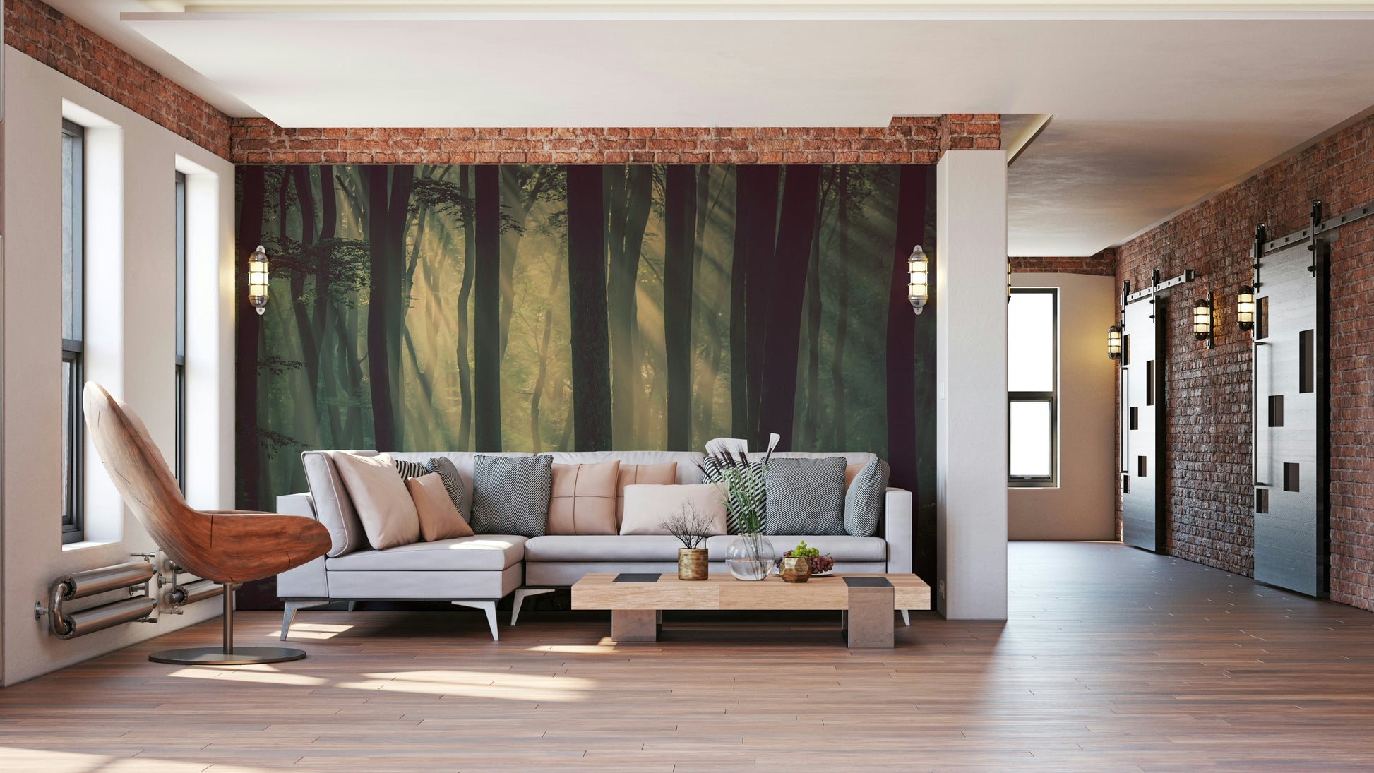 A wall mural of a peaceful forest pattern.

