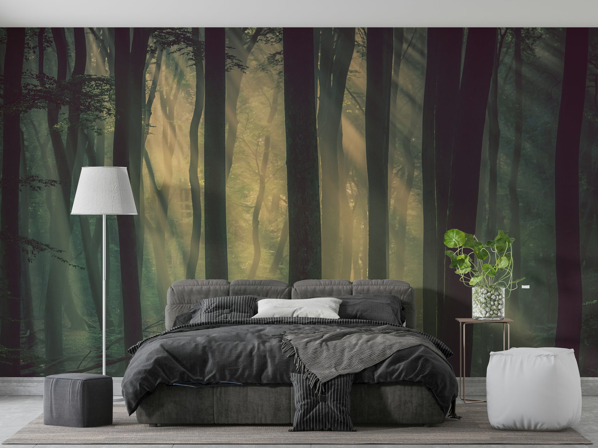 The image shows an artistic impression of a serene woodland scene.


