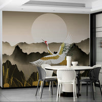 A wall mural of a peaceful Oriental landscape.


