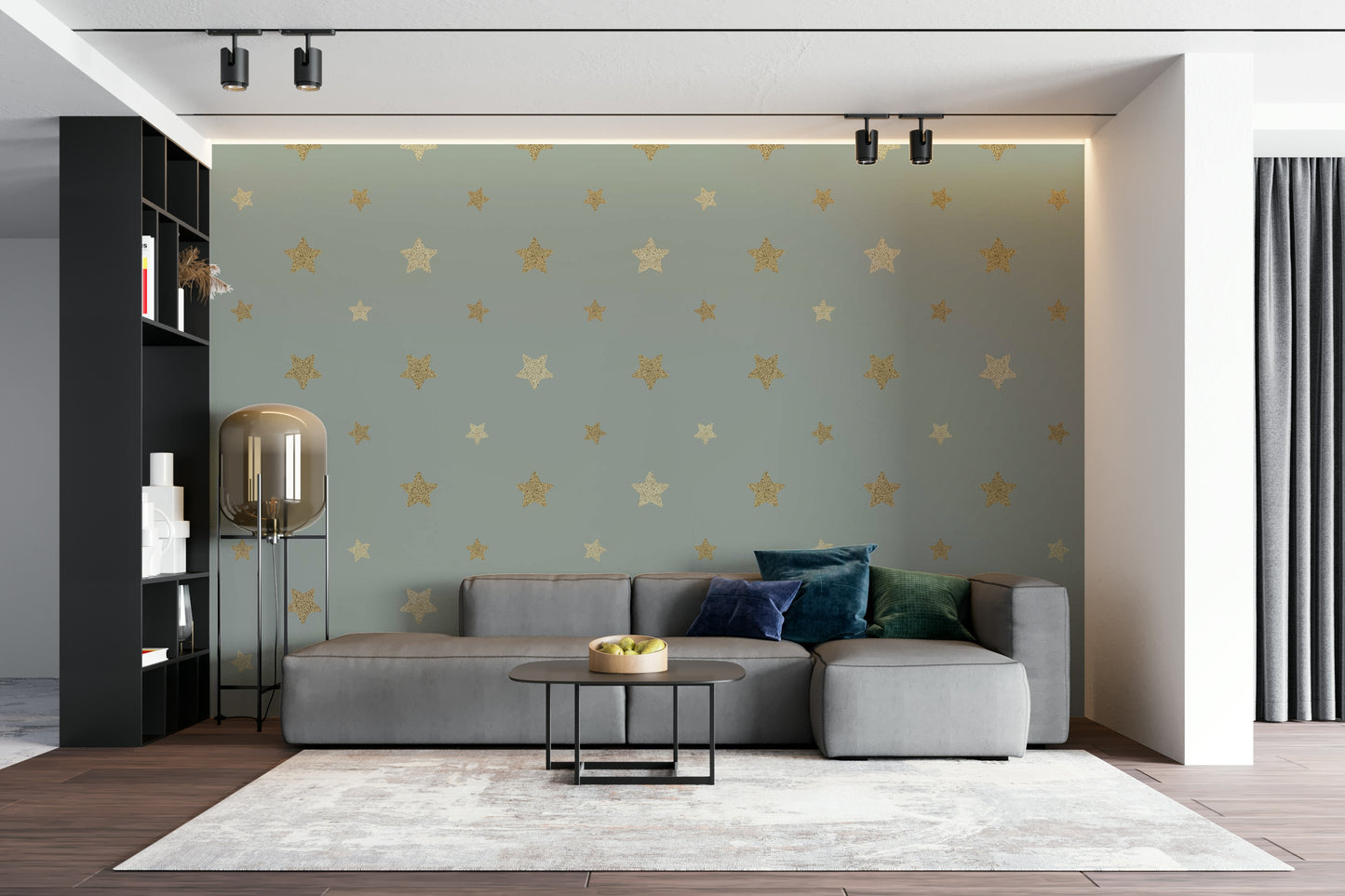 A wall mural of a peaceful celestial pattern.

