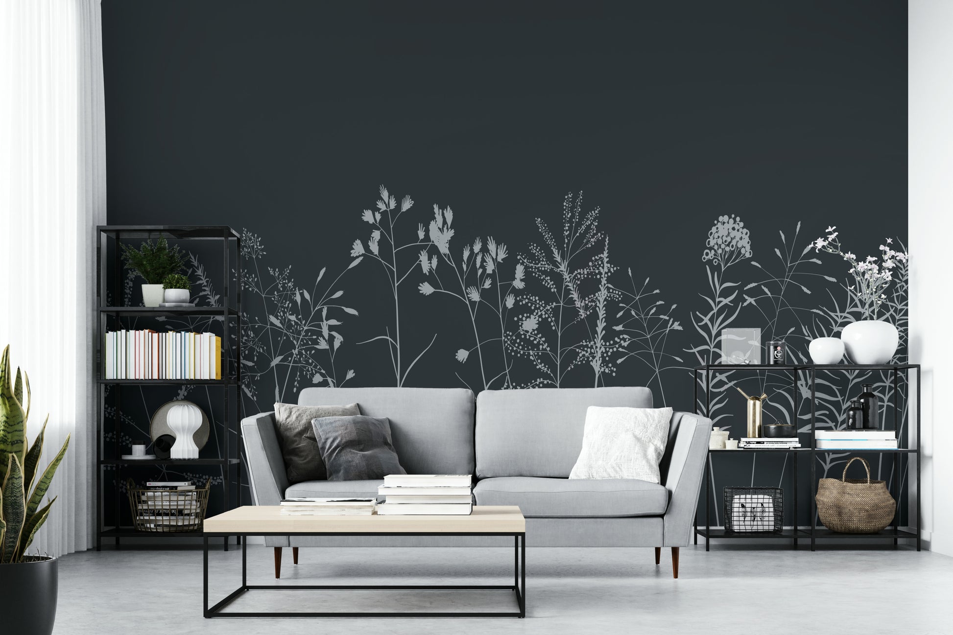 The colors are soft, muted tones of charcoal, gray, and black.

