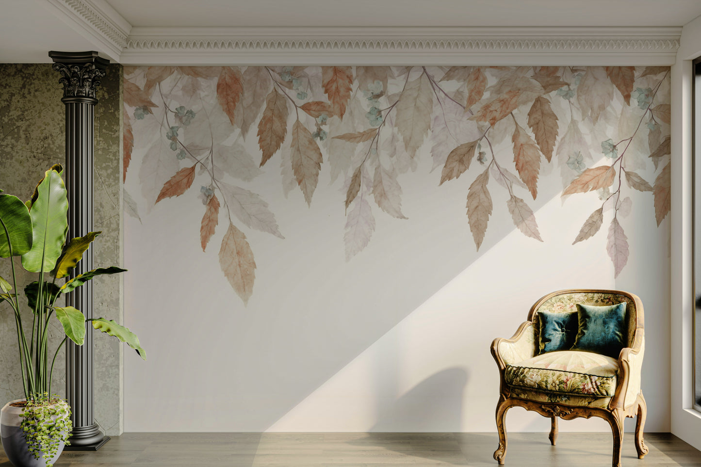 The colors are soft, muted tones of deep reds, burnt oranges, golden yellows, and touches of brown.

