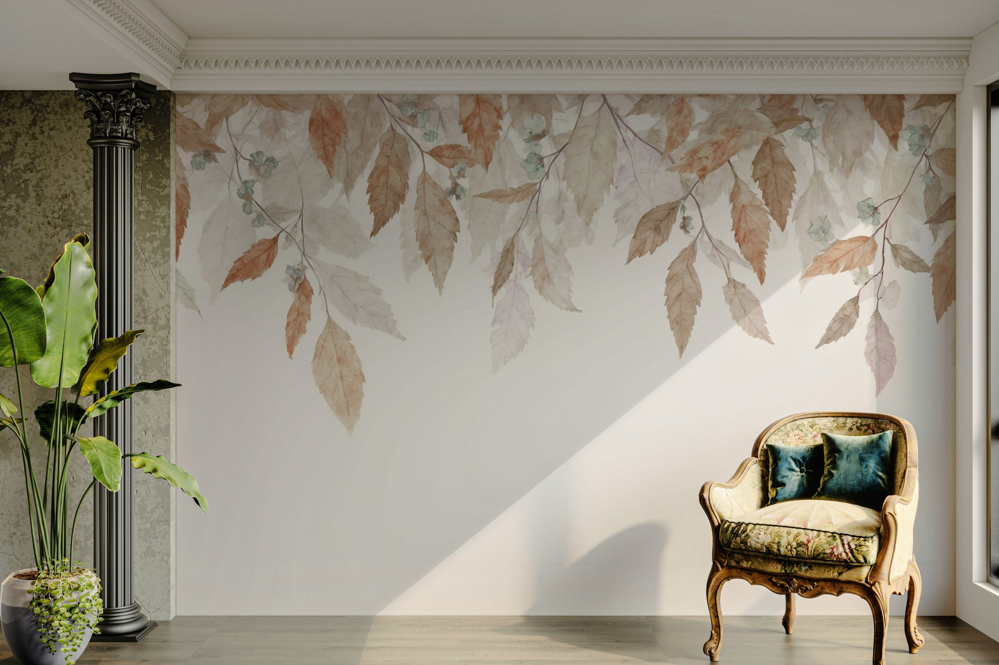 The colors are soft, muted tones of deep reds, burnt oranges, golden yellows, and touches of brown.

