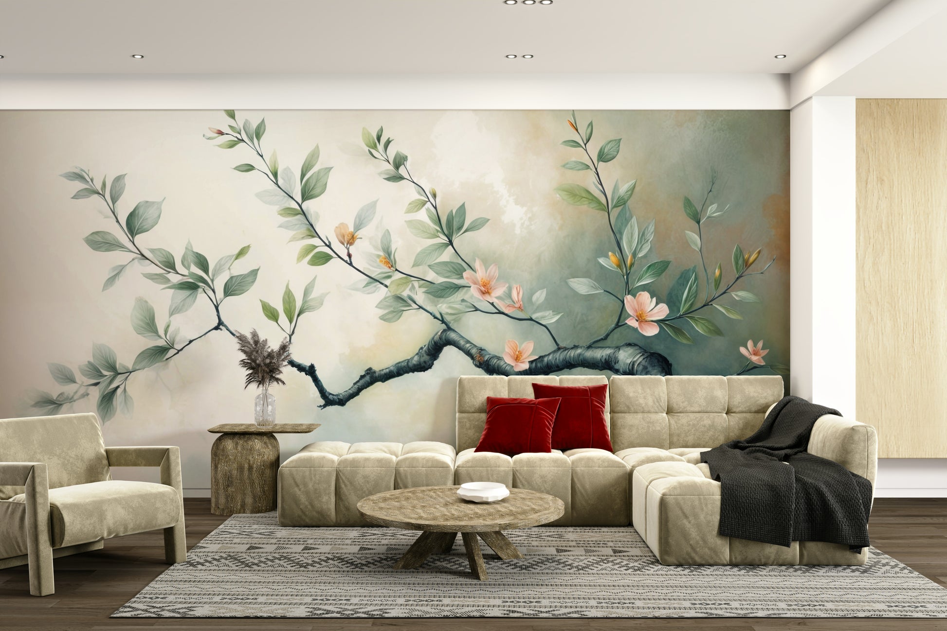 The branch and blooms are a central focus of the image.

