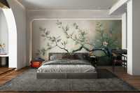 The image shows an artistic impression of a serene blooming branch.

