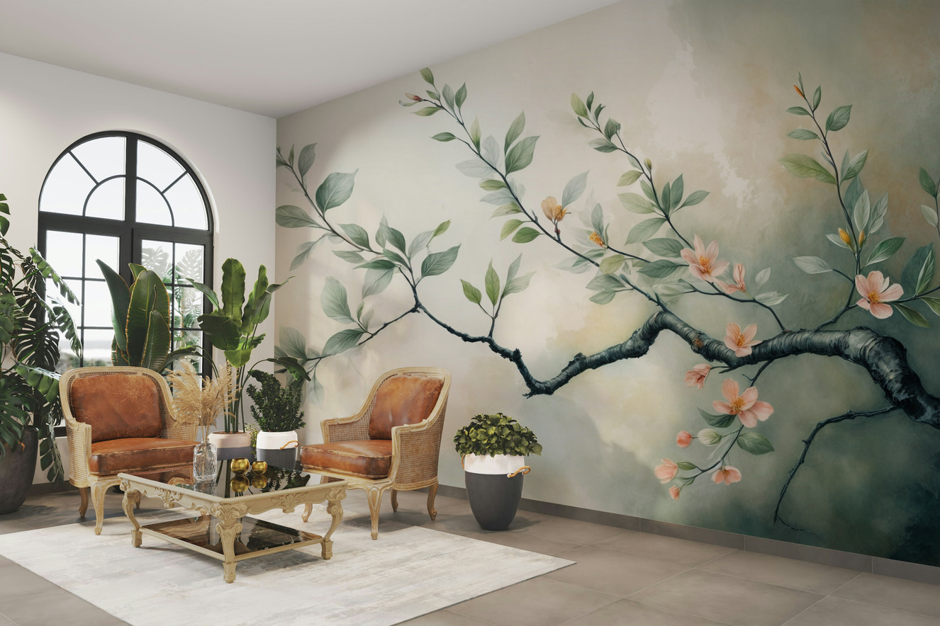 A wall mural of a peaceful blooming branch.

