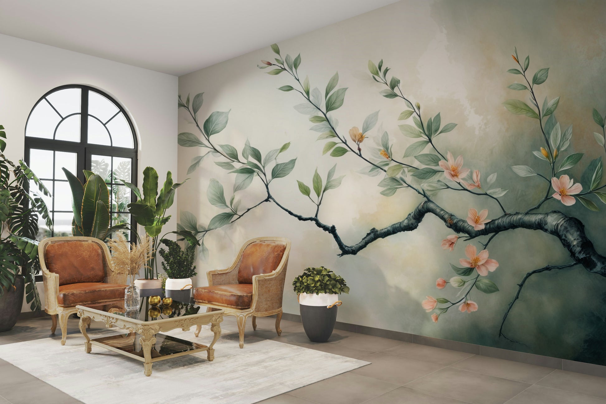 A wall mural of a peaceful blooming branch.

