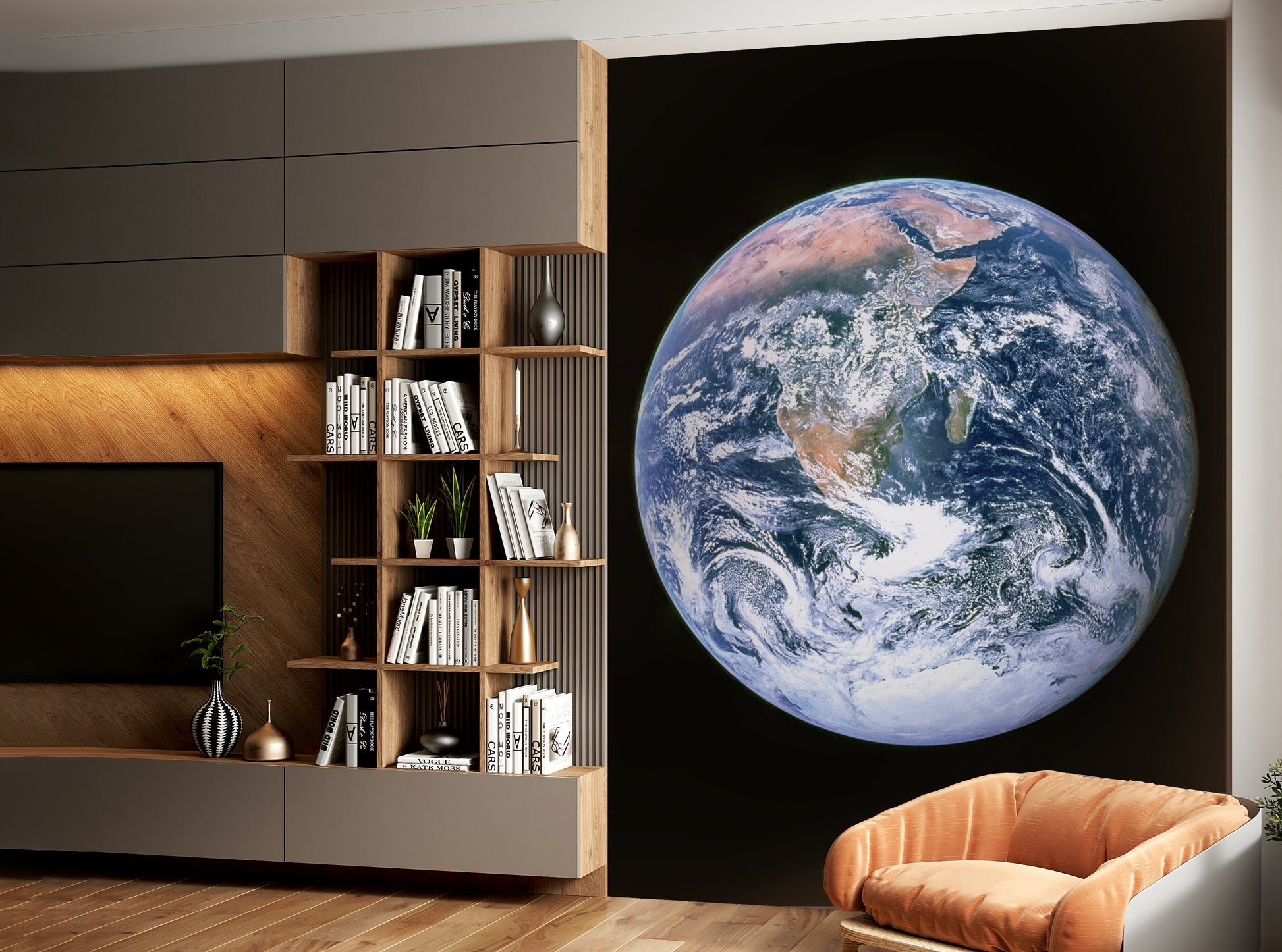 Swirling white clouds are visible over the blue oceans.

