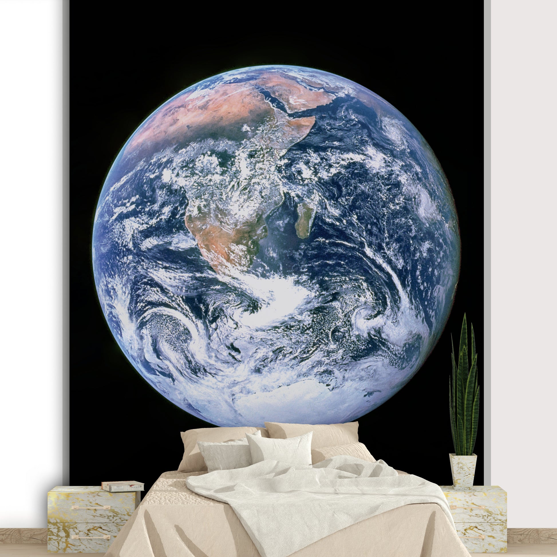 The continents are a mix of green, brown, and white.

