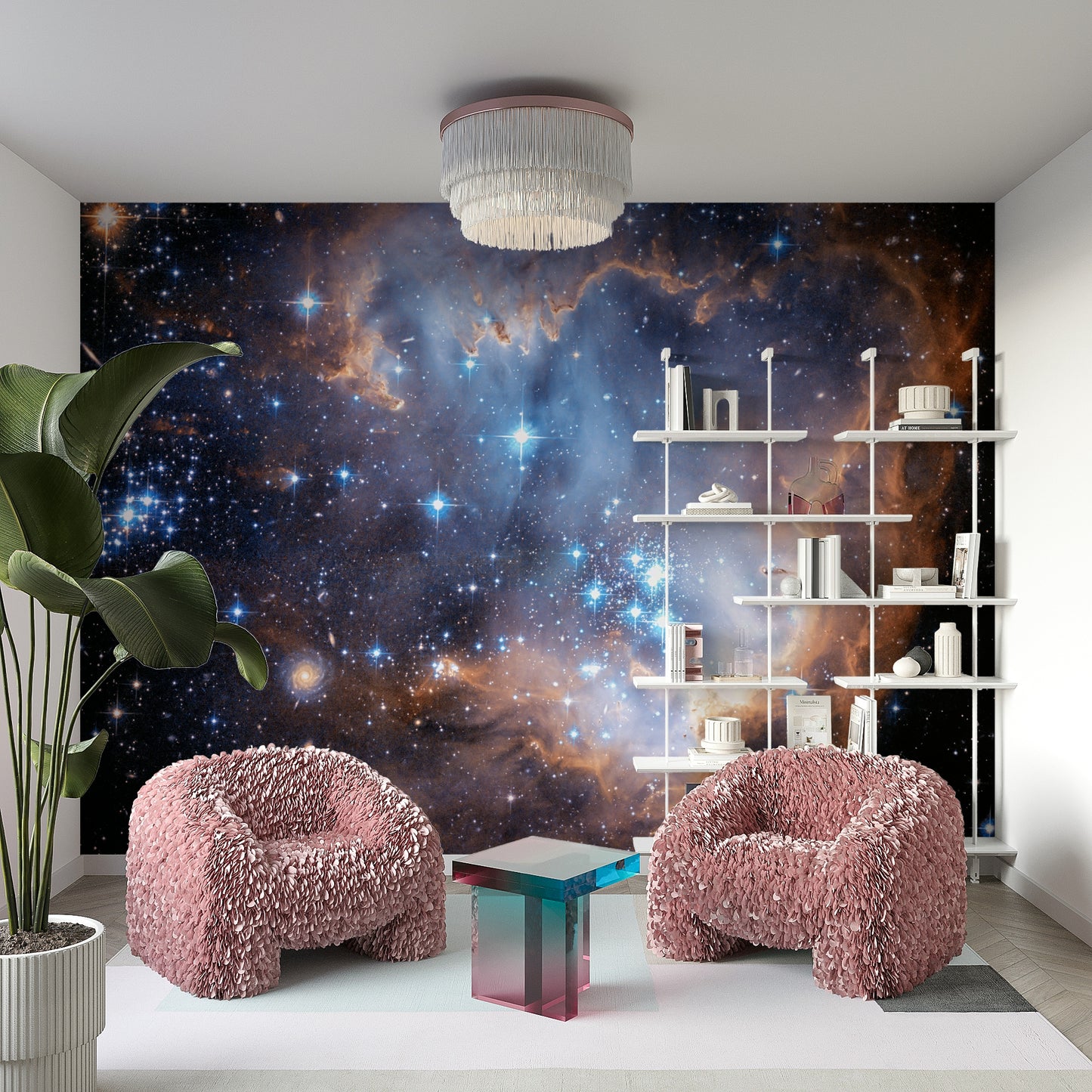 The nebula is a mix of vibrant colors like pink, purple, and blue.

