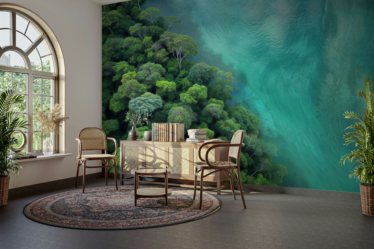 The forest meets a body of clear, turquoise water.

