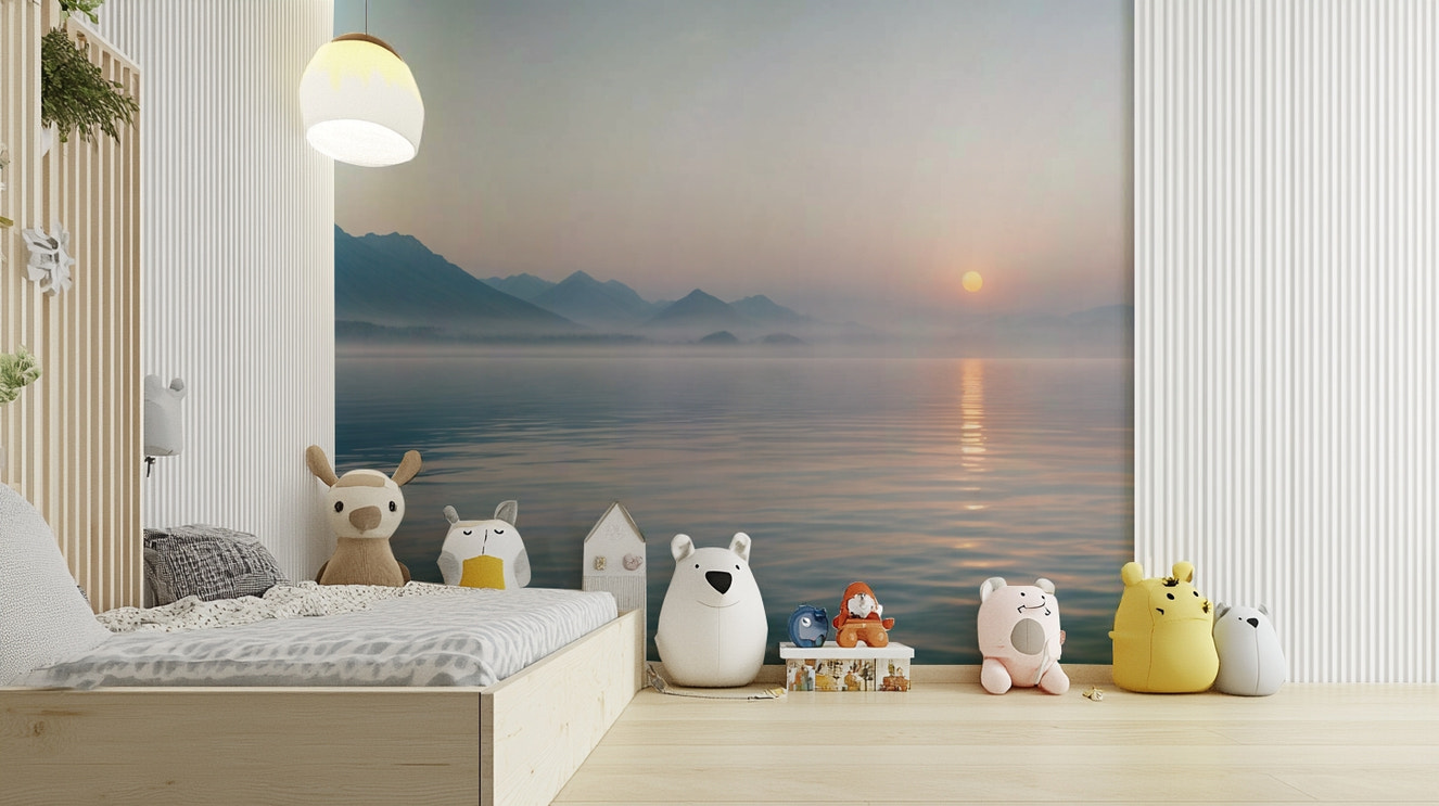 A misty forest scene with soft, morning light.

