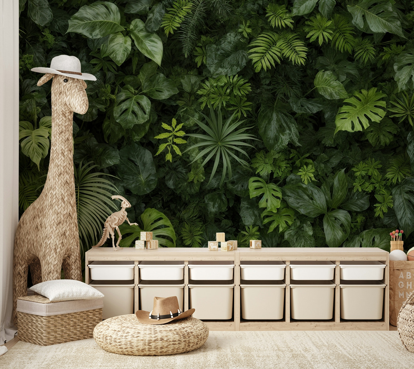 A close-up view of a variety of lush green leaves.

