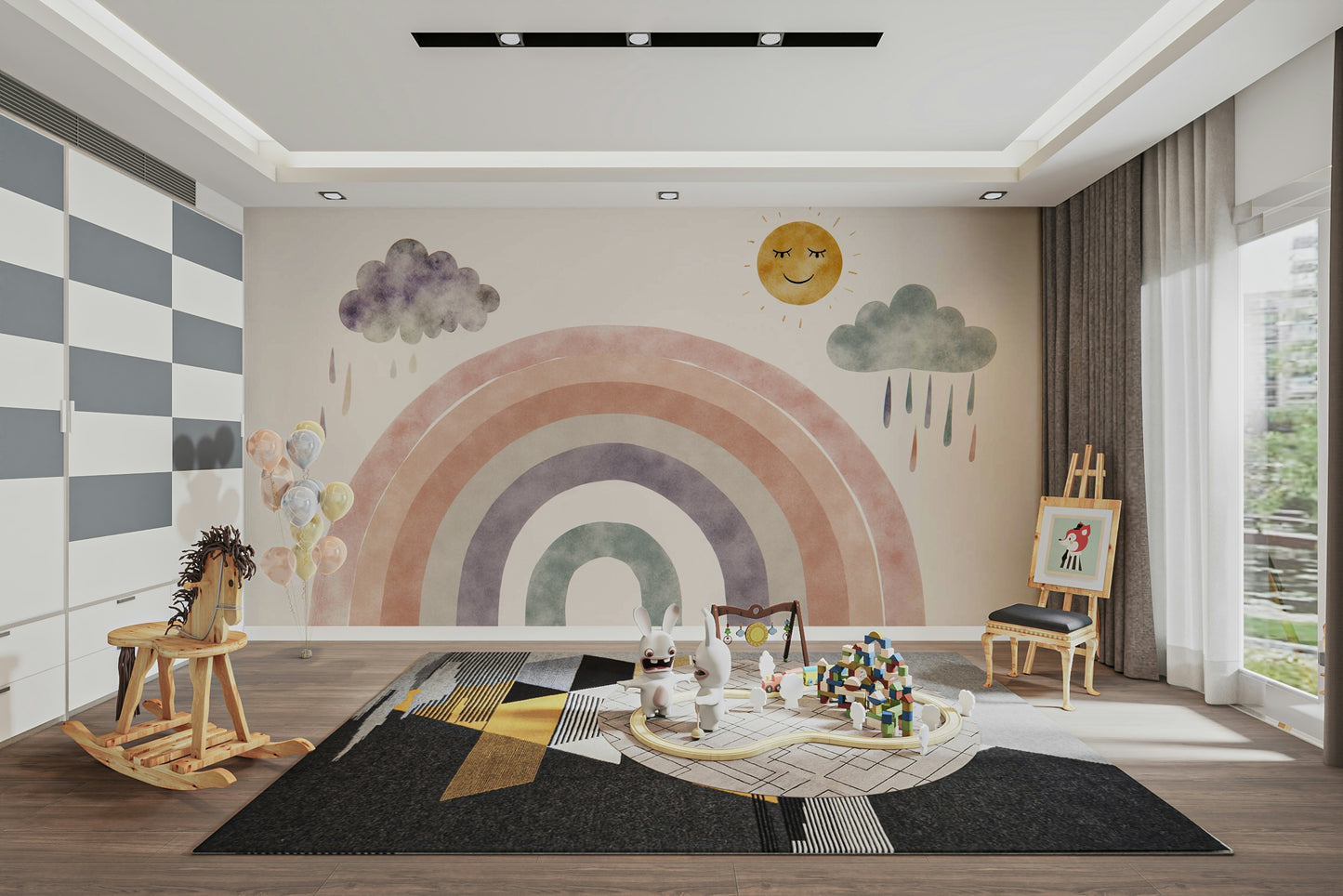 The rainbow arches over a simple, cheerful landscape.

