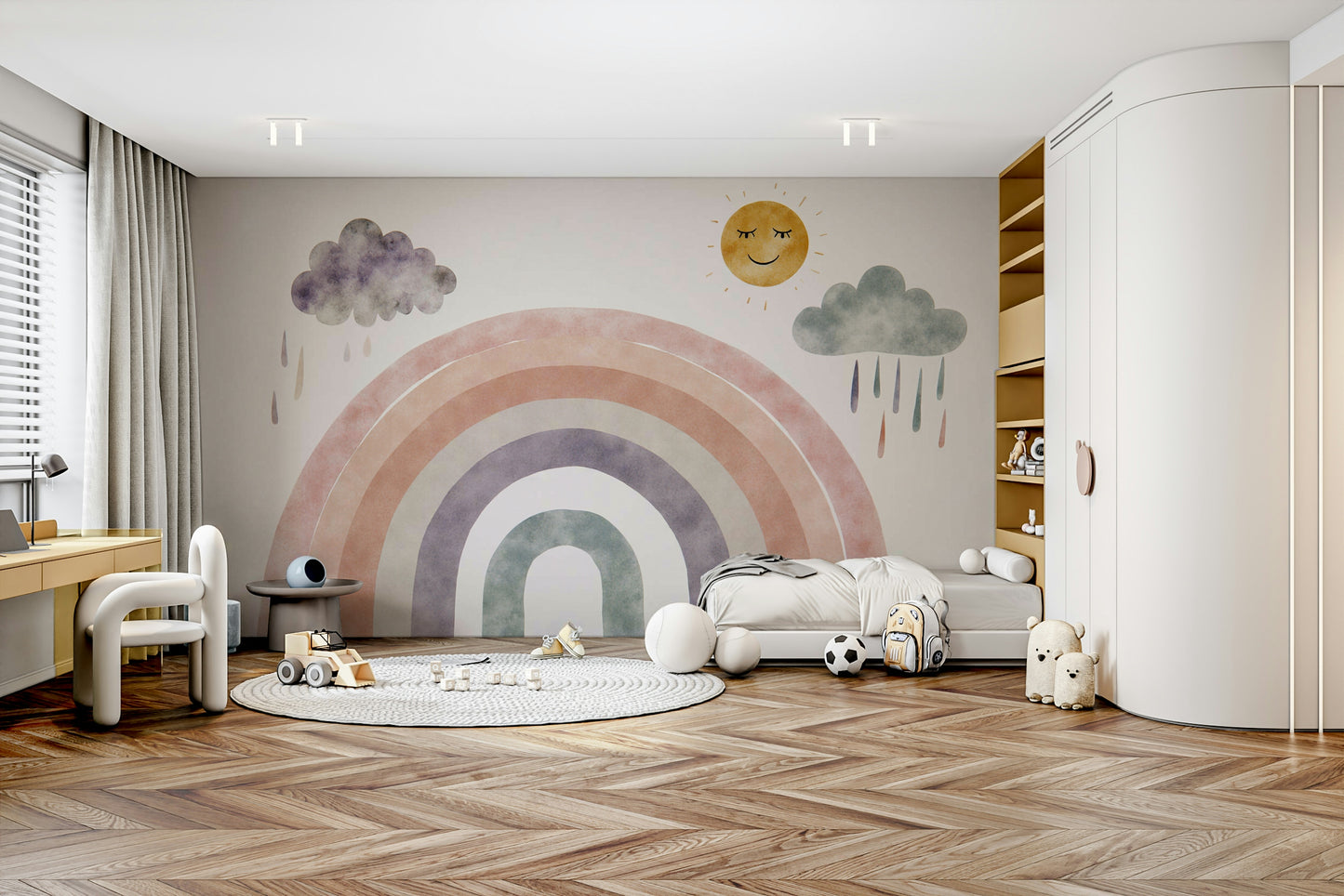 The sun’s face has a happy, closed-eye smile.

