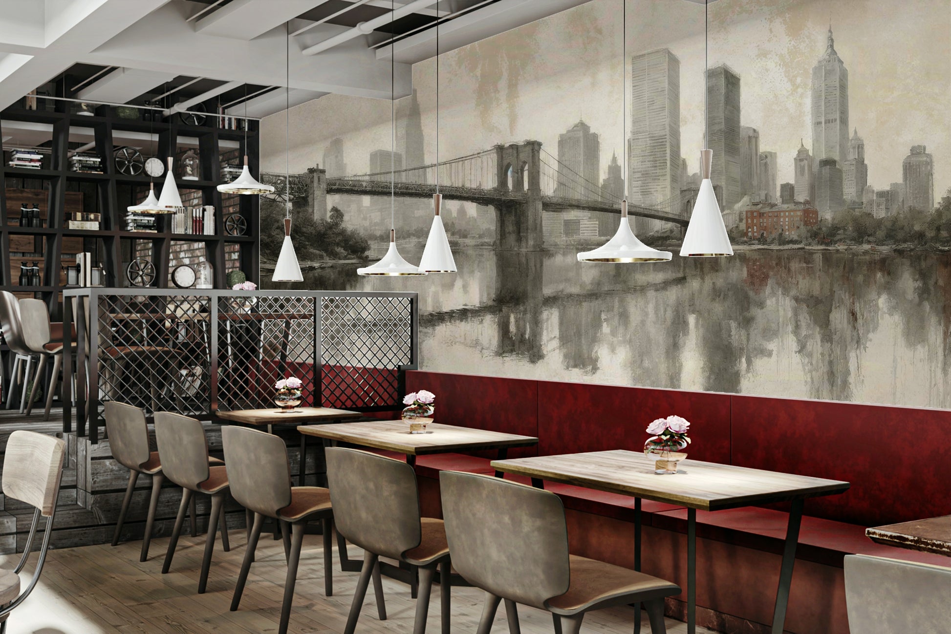 The scene includes a perfect reflection of the city in a body of water.

