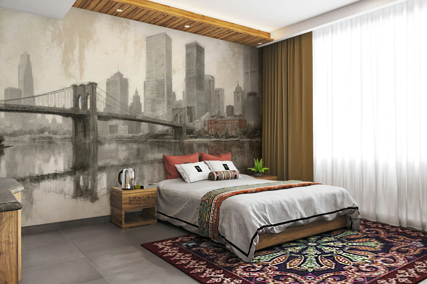 The mural gives the illusion of a window looking out onto a beautiful cityscape.
