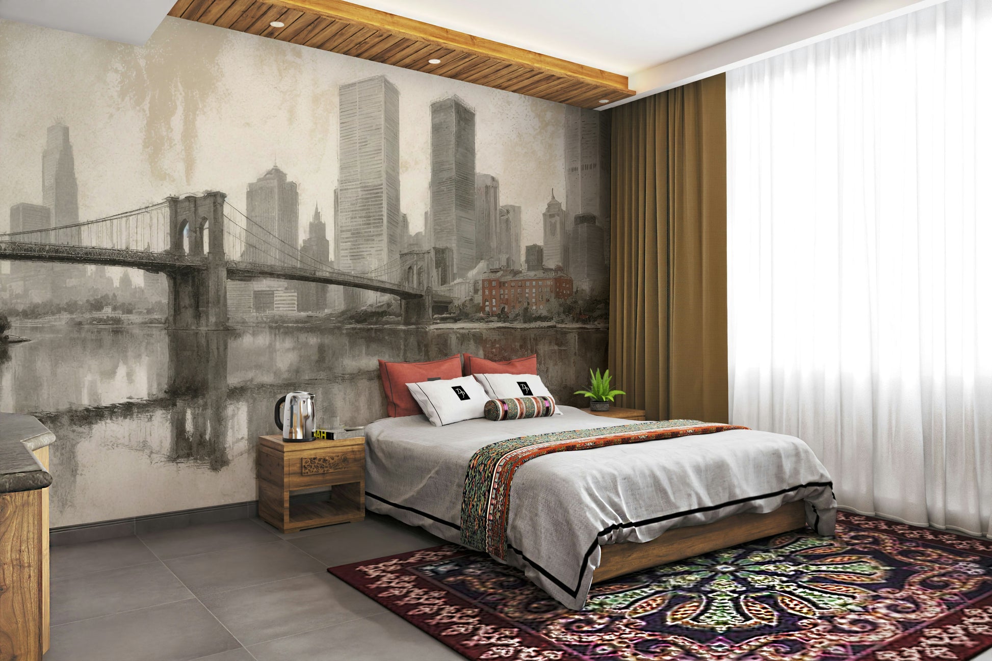 The mural gives the illusion of a window looking out onto a beautiful cityscape.
