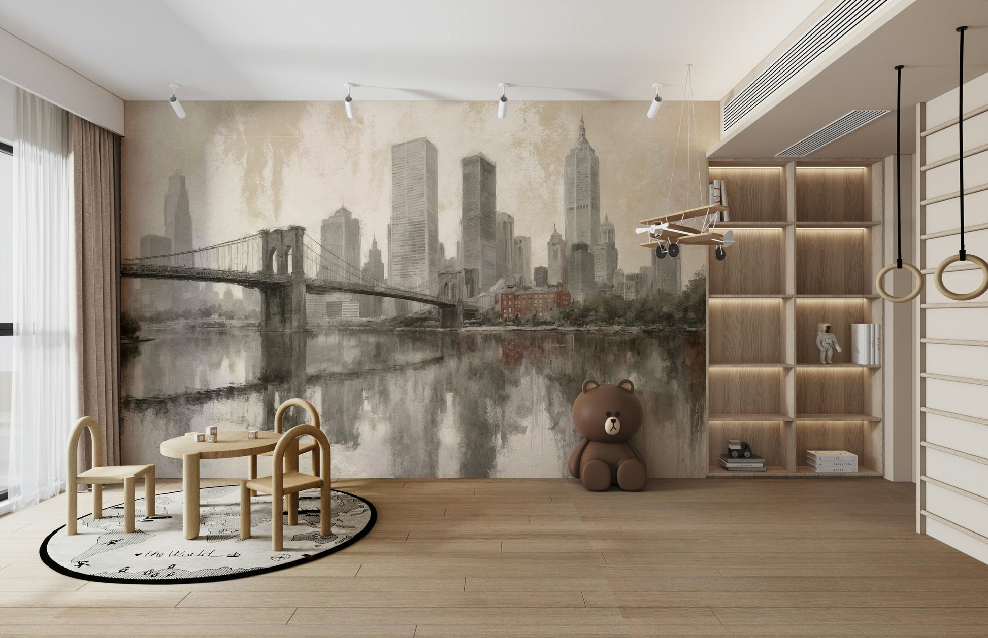 The skyline is seen at night, with many bright, soft lights.
