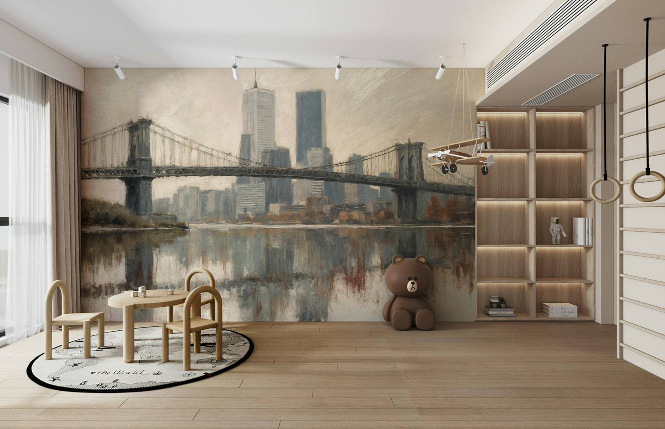A wide shot of a wall mural showing the New York City skyline.
