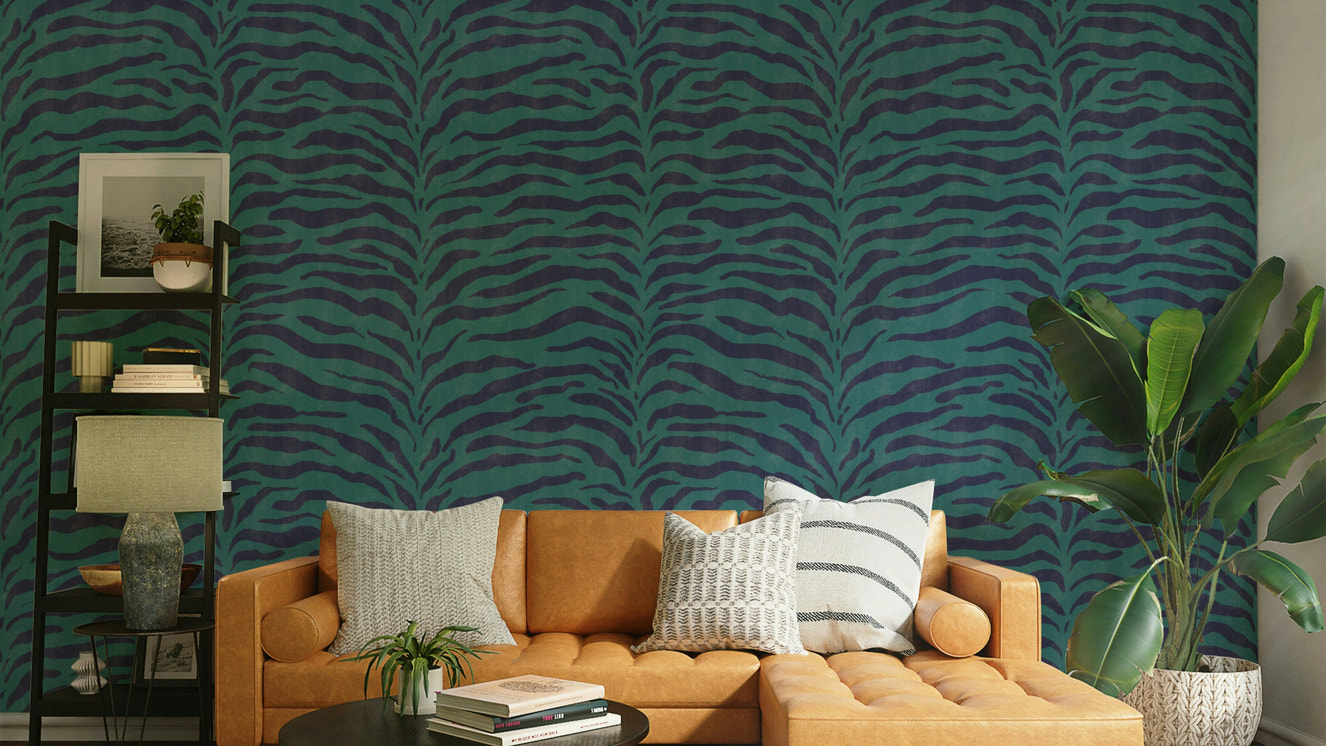 A wall mural featuring a bold, abstract zebra pattern.

