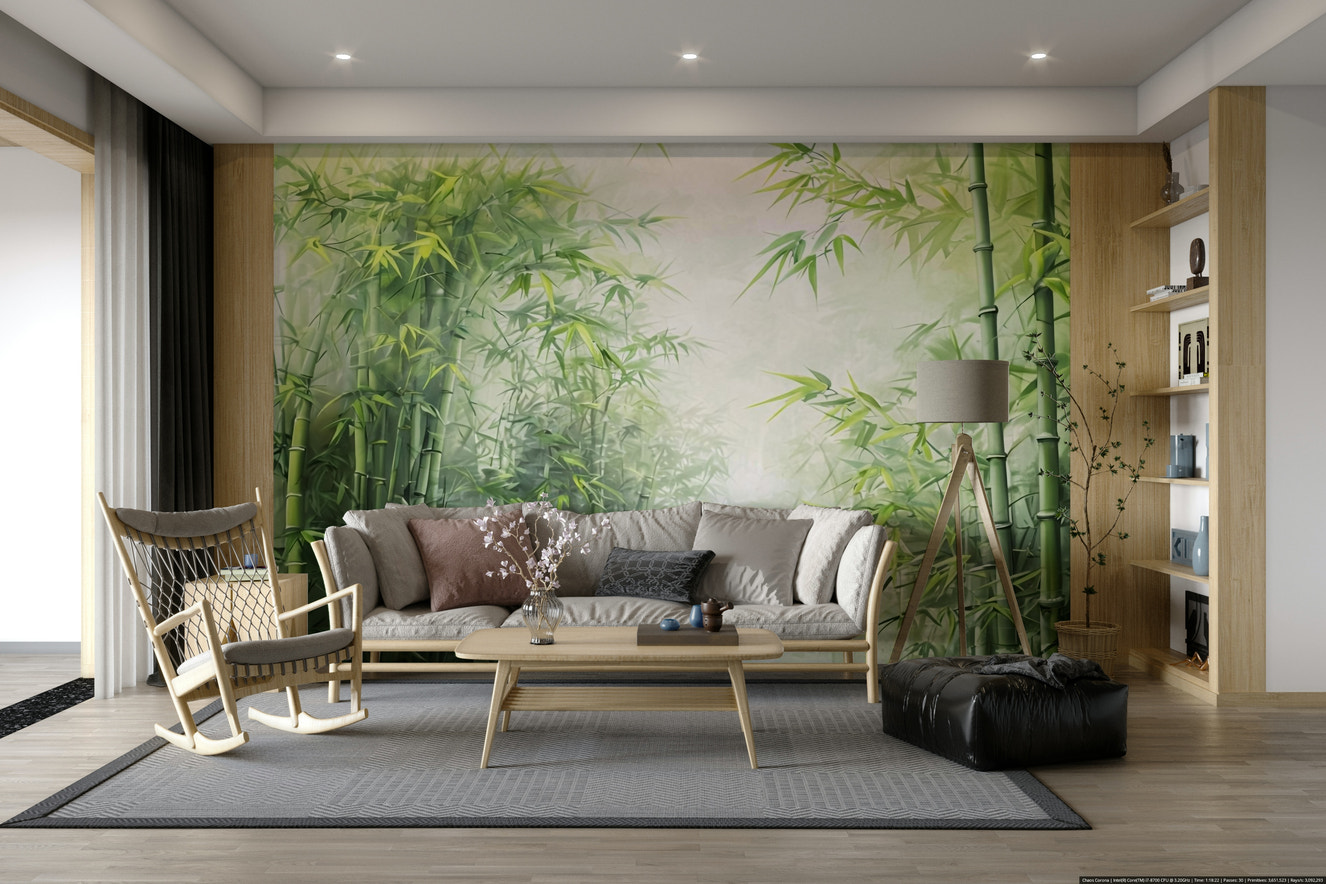 A wide wall mural showing a deep, verdant bamboo forest.
