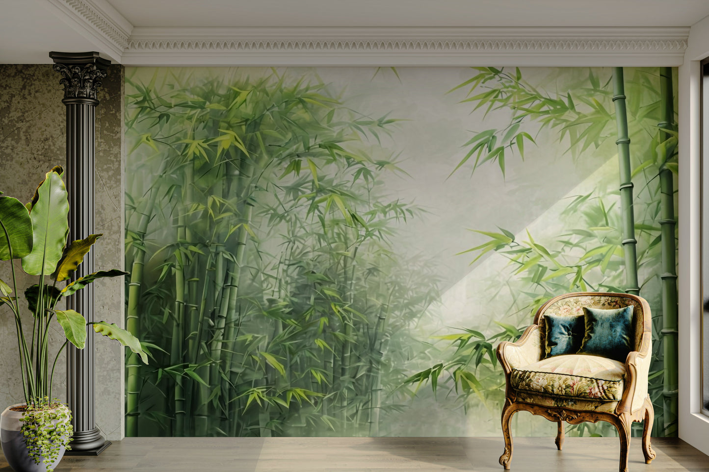 Sunlight is filtering through the leaves and branches, creating dappled light.
