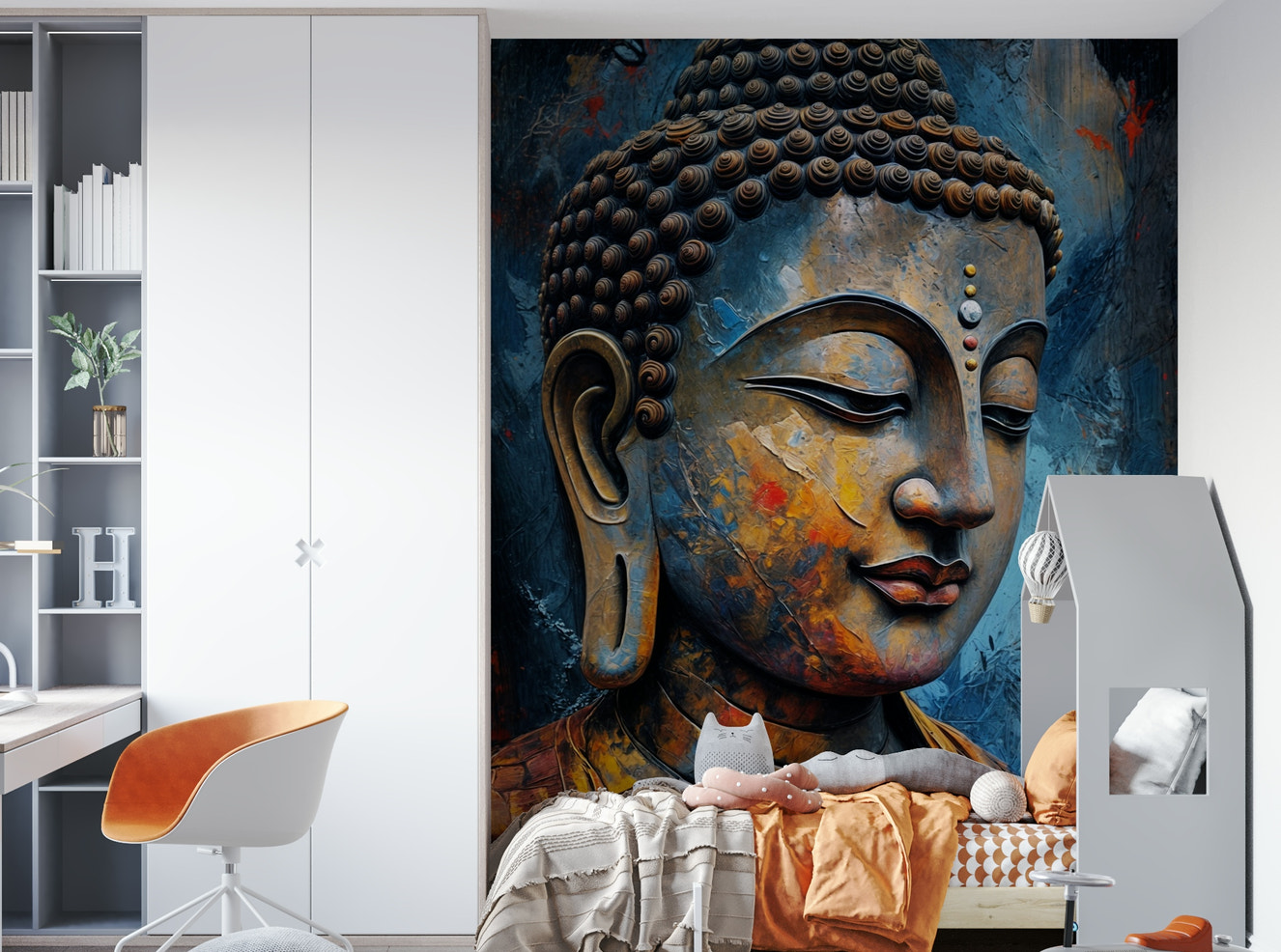 A wide wall mural showing a serene, dream-like scene.
