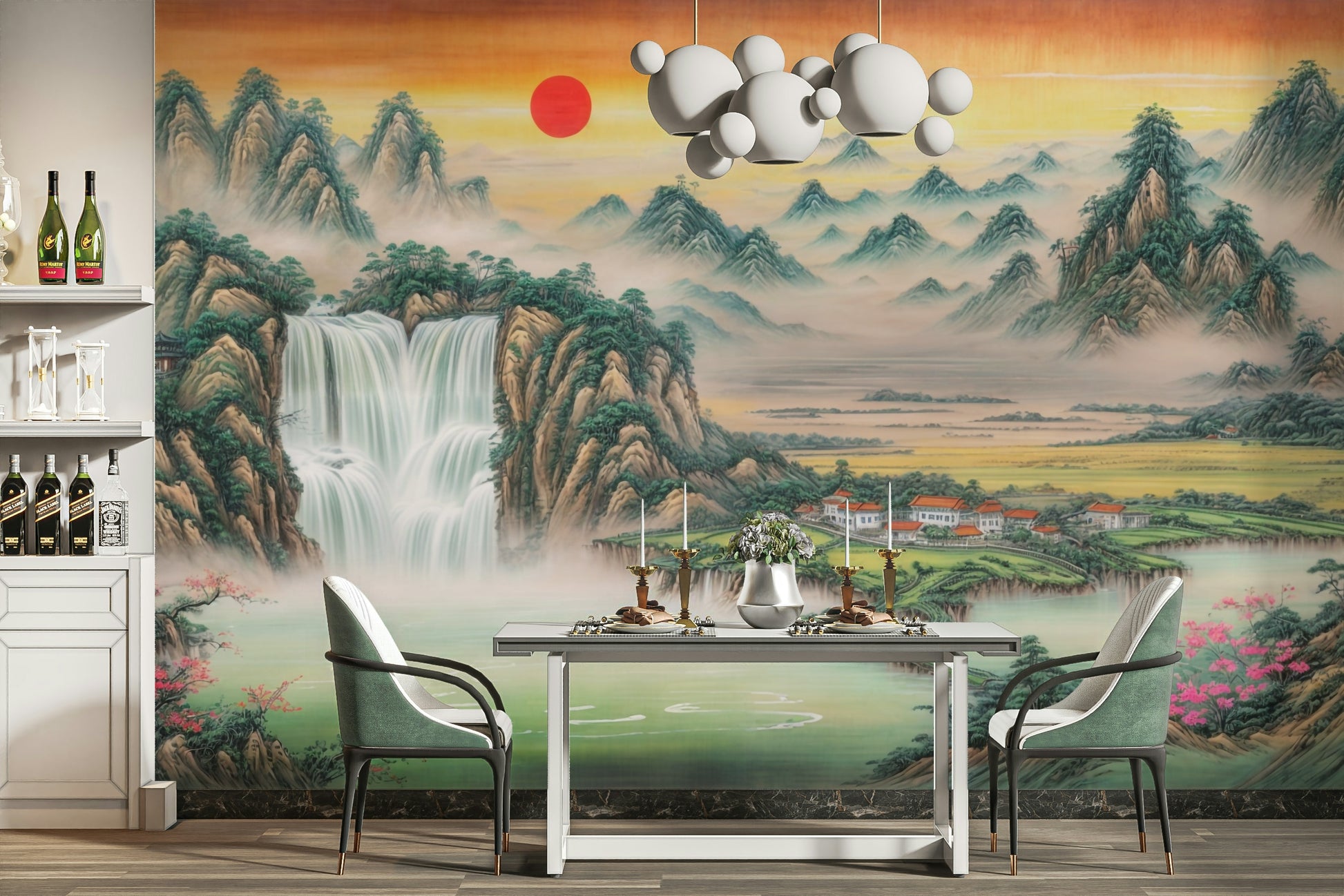 A wide shot of a wall mural showing a serene, sunrise scene.
