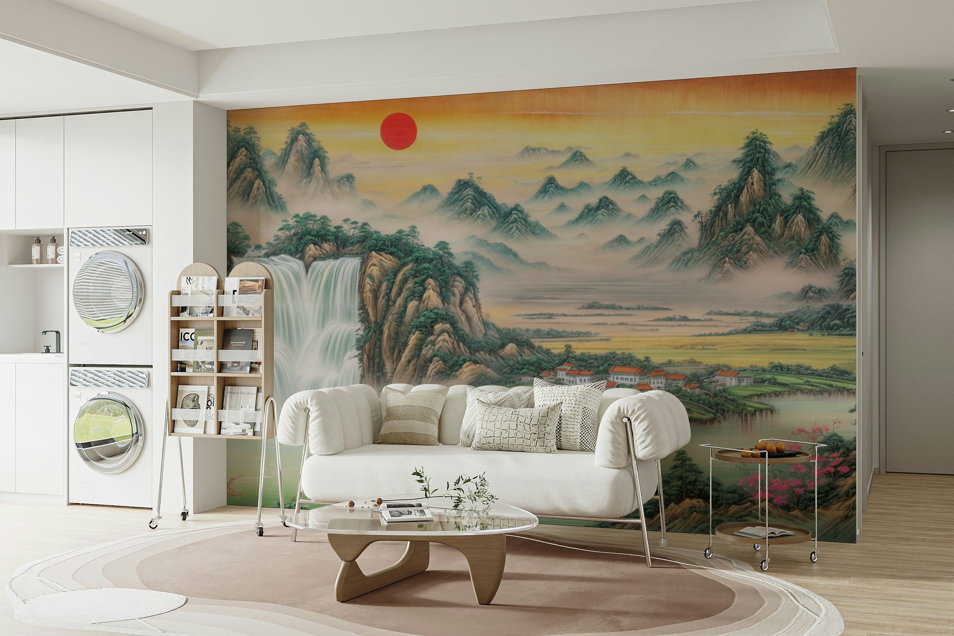 The sun is rising over a body of water or a distant landscape.
